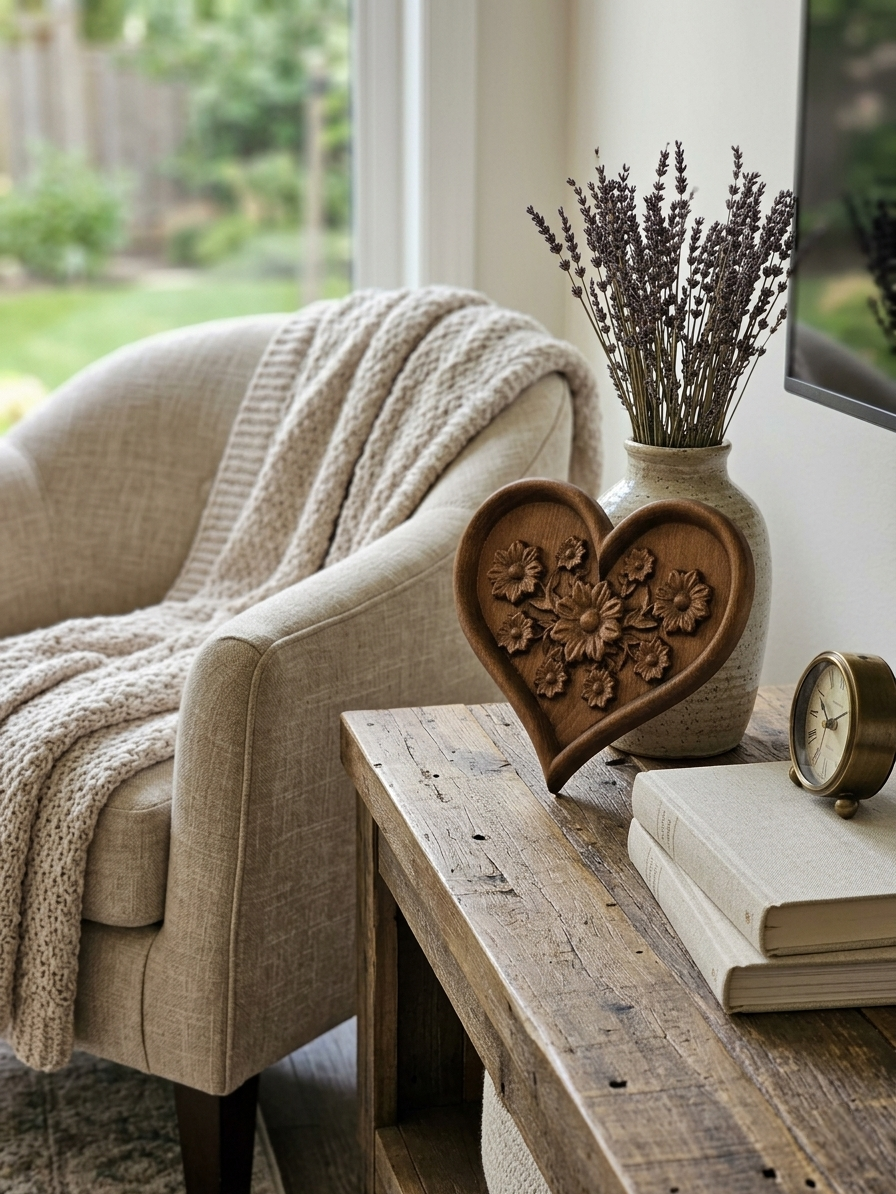 Дърворезба сърце с цветя от масивен бук в уютен романтичен интериор