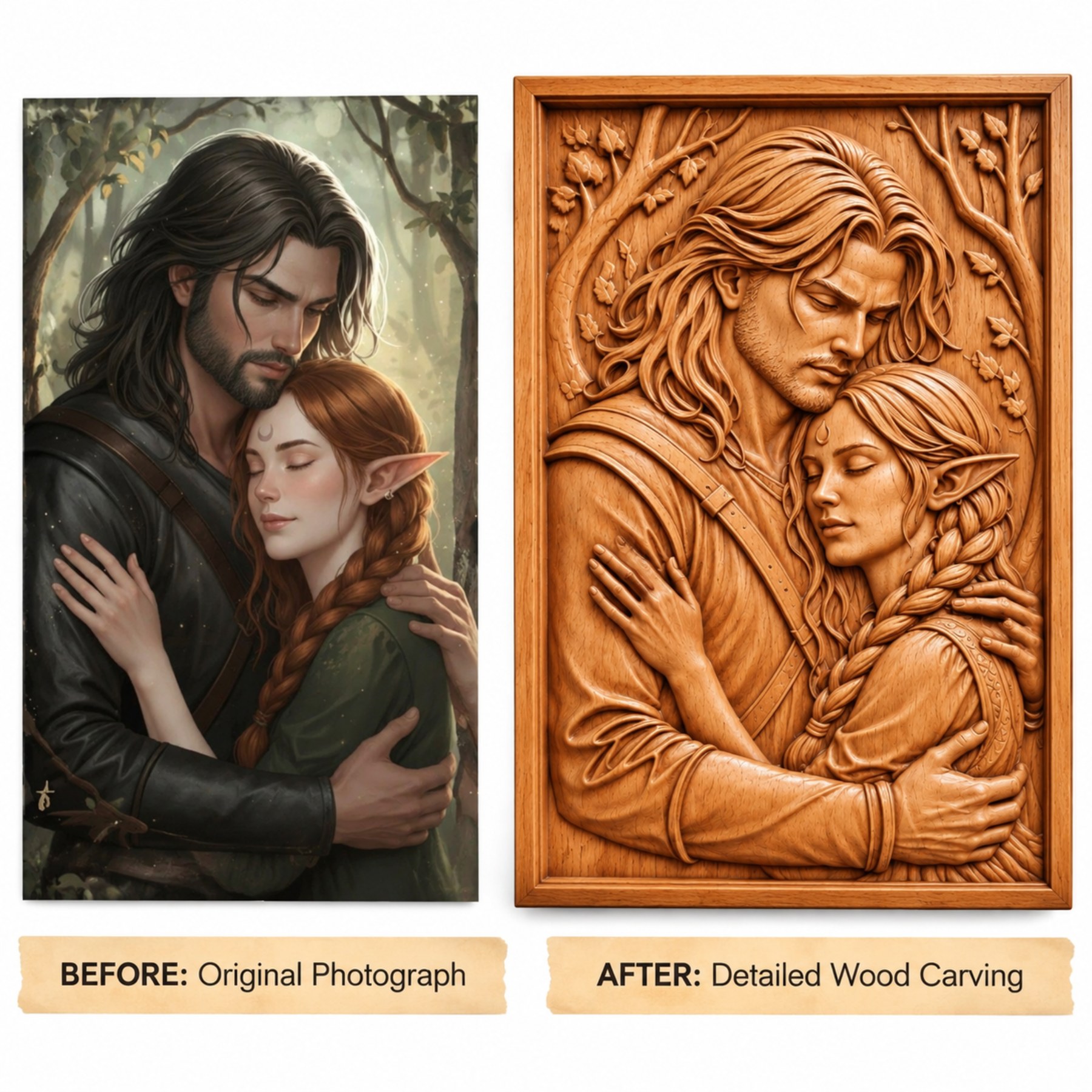 Romantic Couple Wood Carving | Personalized 3D Relief Portrait | Luxury Love Gift - Image 11