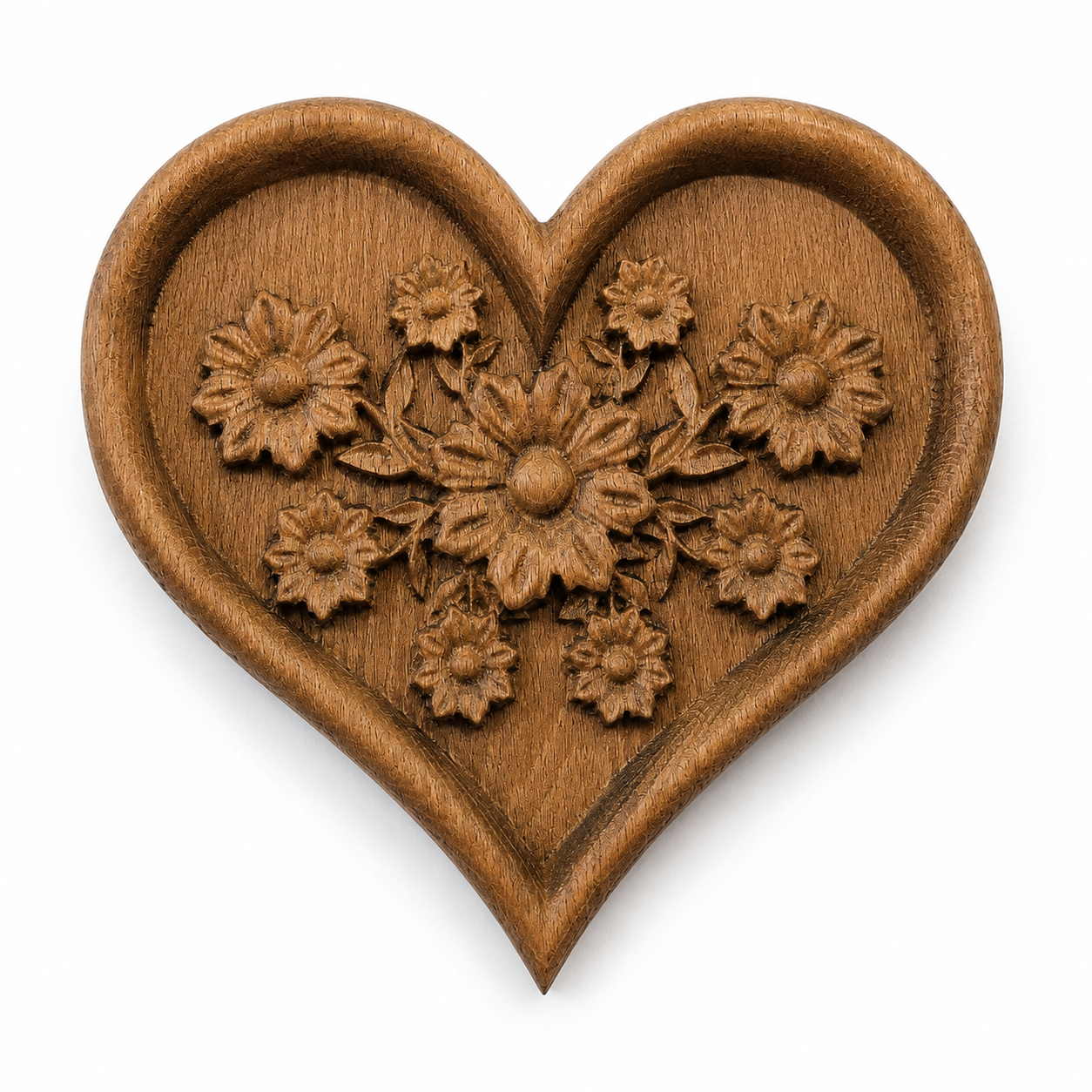 heart wood carving with flowers