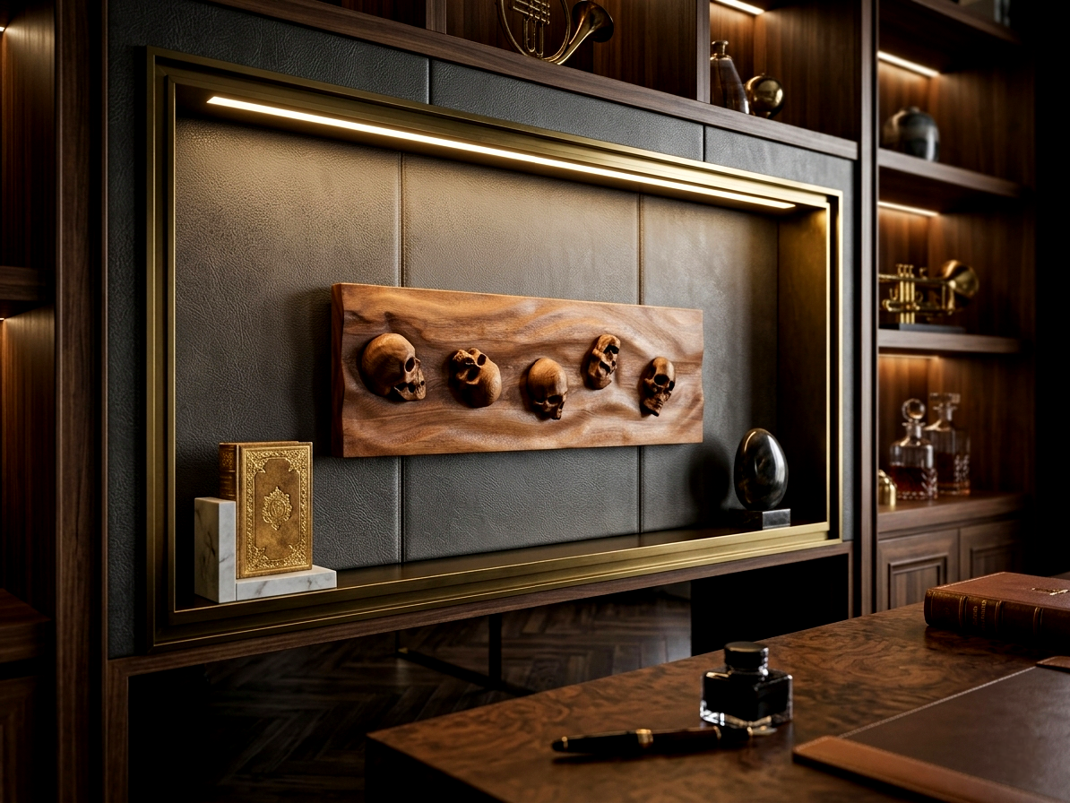 Луксозна дърворезба с черепи от масивен бук в dark luxury интериор