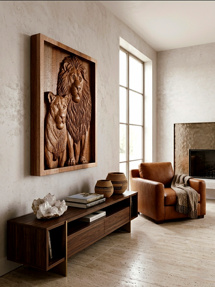 Woodcarved panel of lions - Image 9