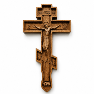 Orthodox wooden cross with Jesus Christ carving