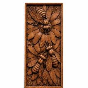 Bees and Flowers Wood Carving | Handmade Beech Wood Nature Wall Art | CNC Panel