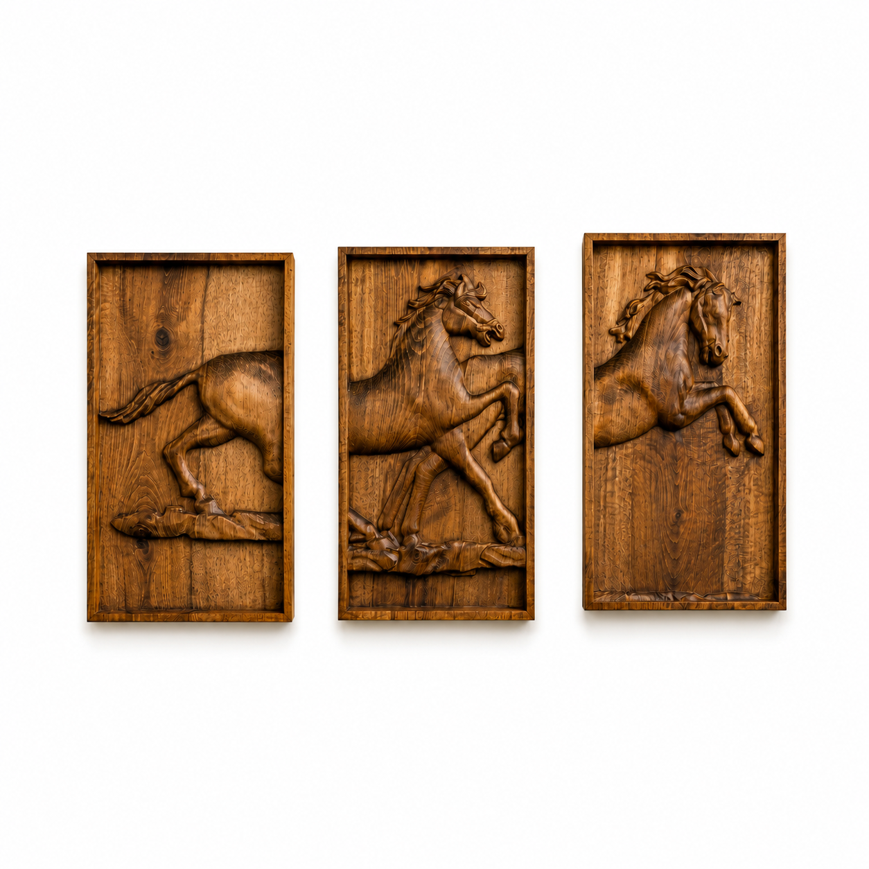 Horse Wood Carving Triptych | Handmade Beech Wood Horse Wall Art | CNC Panels