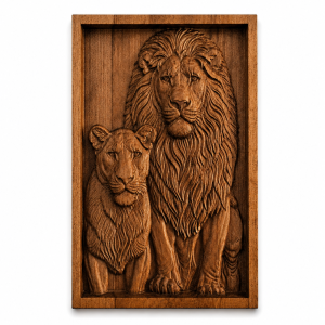Woodcarved panel of lions