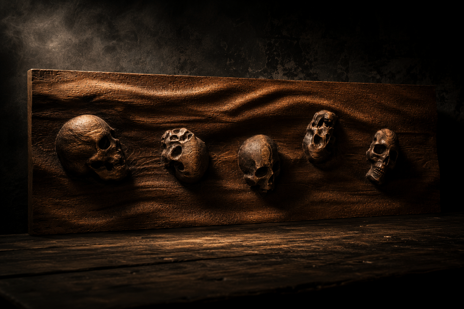 Дърворезба с пет черепа от масивен бук в тъмен gothic интериор с драматично осветление