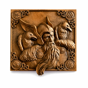 Woodcarved panel Odin with ravens