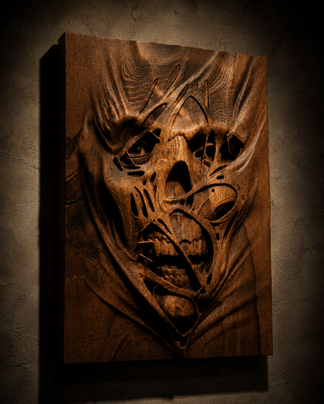 Тъмна дърворезба на мумия от масивен бук с дълбок 3D релеф и horror стил