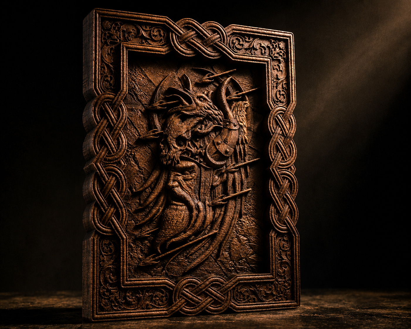 Детайлна дърворезба на викинг воин с гарван и келтски орнаменти от масивен бук с драматично осветление