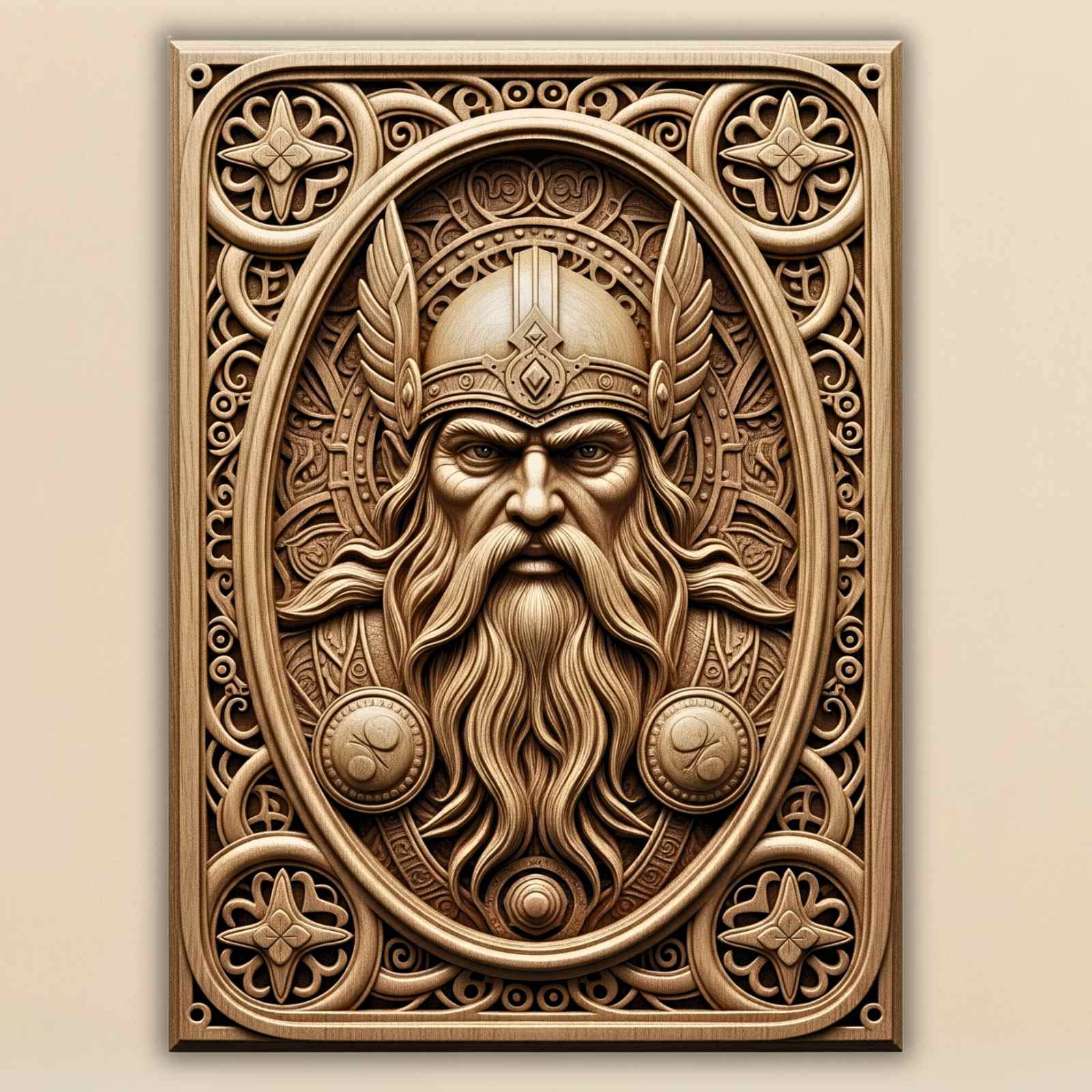 Odin portrait STL model with winged helmet and ornate frame