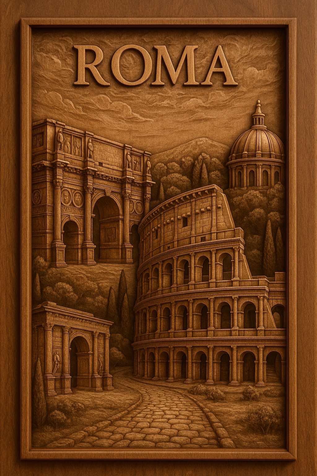 Colosseum and Arch wood carving STL relief render