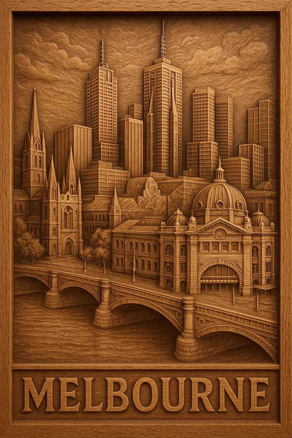 Melbourne STL model with skyscrapers bridge and skyline for CNC router