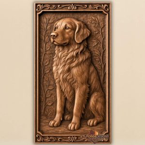 framed dog wood carving relief
