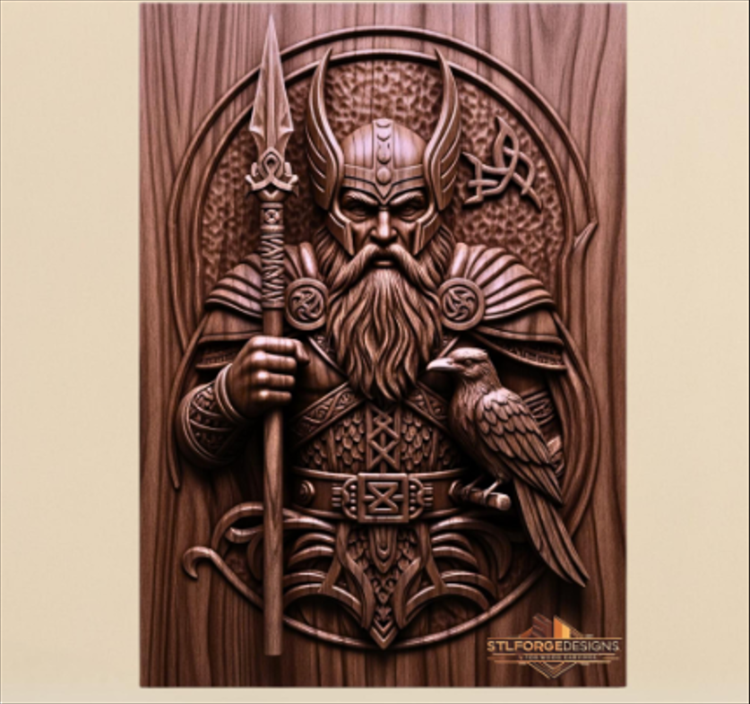 Odin STL model with raven and spear for CNC router