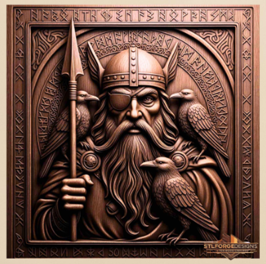 Odin STL model with three ravens and spear for CNC router