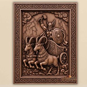 Thor chariot shield runes STL CNC router 3D relief — Norse god Thor in chariot with decorated shield Mjolnir horned goats runes on chariot Norse ornamental border and Celtic knotwork frame wood carving model