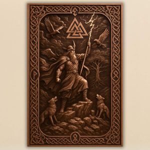 Odin Valknut STL CNC детайл — close-up на Один с мълния, детайлен Viking плащ, Валкнут символ и дълбок дърворезбован релеф
