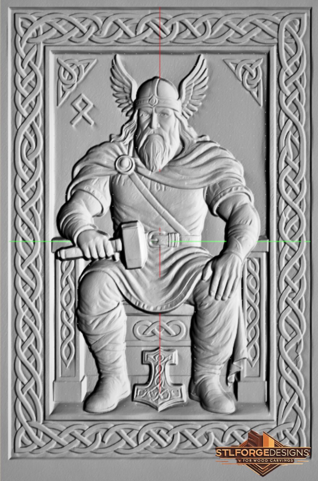 Thor throne Mjolnir STL CNC detail — close-up of Mjolnir in Thor's hand and Mjolnir symbol at throne base with Tiwaz rune to the left, deep 3D relief