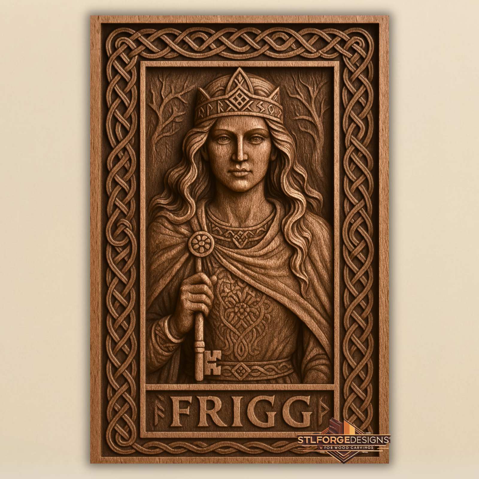 Frigg goddess viking STL CNC wall panel — finished wood carving of Frigg crown key knotwork clothing and FRIGG inscription in Celtic frame, beech wood