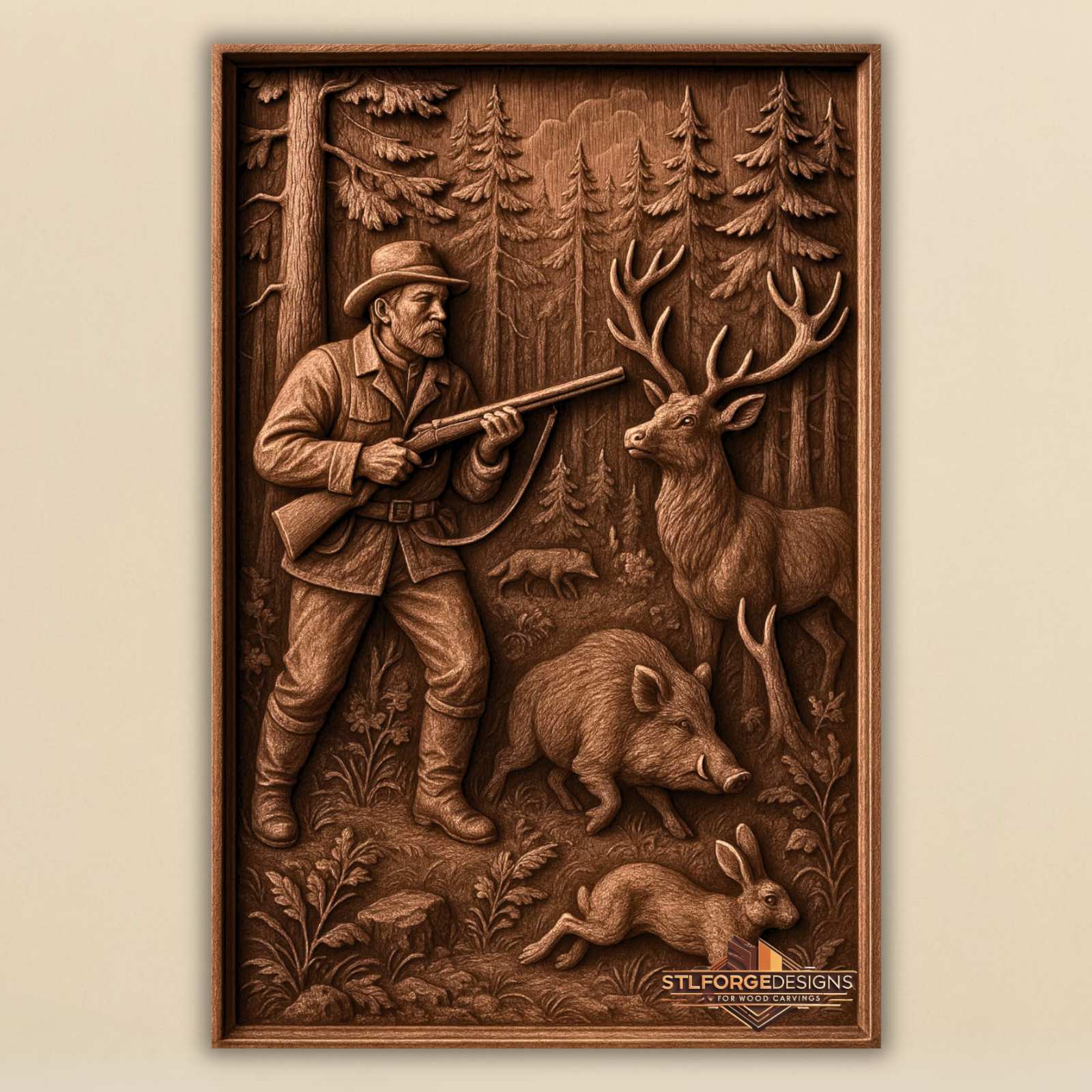 Hunter deer boar rabbit STL CNC wall panel — finished wood carving of hunter deer boar rabbit and wolf in pine forest no frame, beech wood