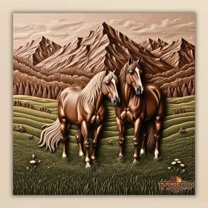 horses stl file cnc wood carving two horses mountain meadow flowers 3D relief