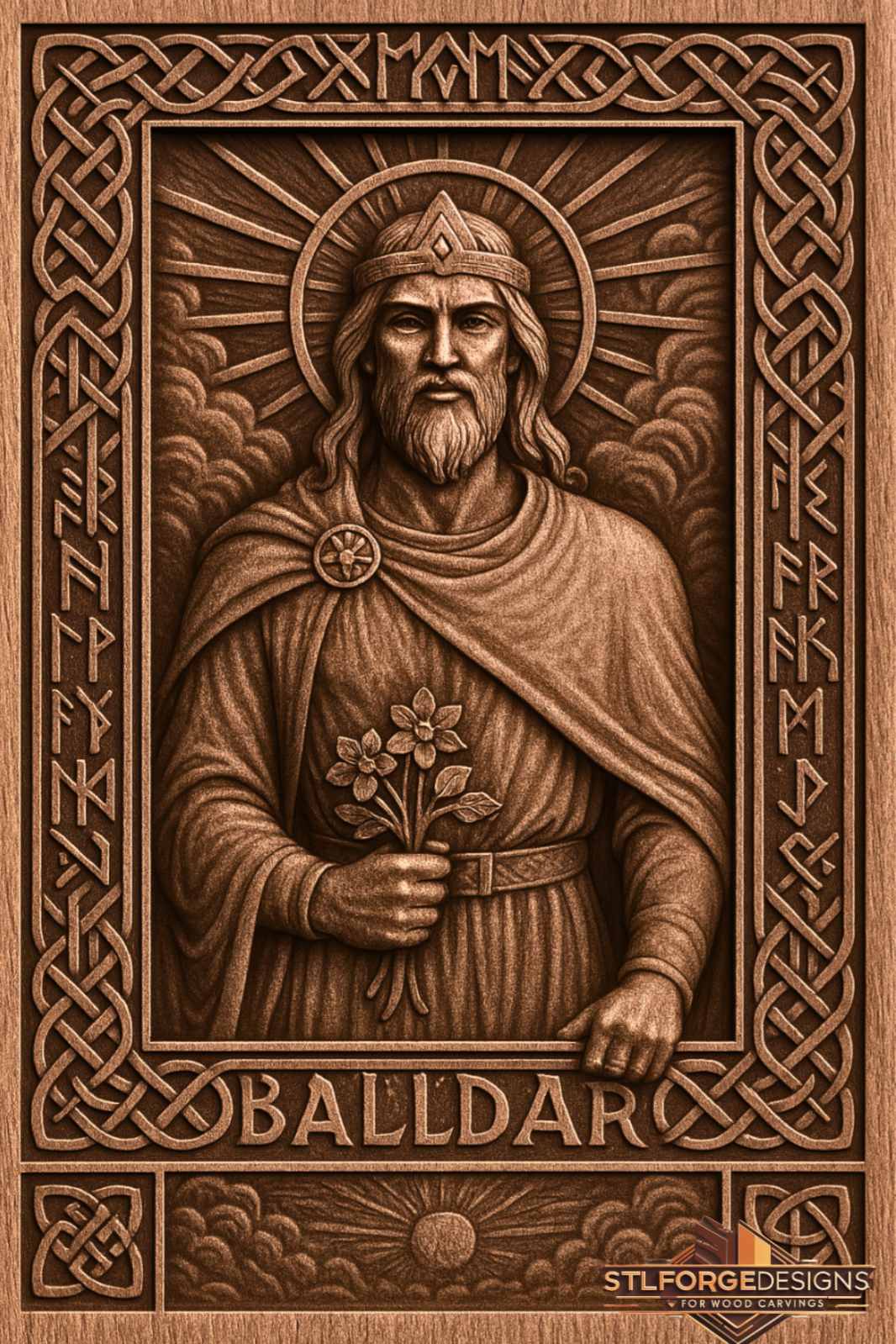 Detail STL CNC Baldur Norse mythology — radiant halo crown with diamond flower in hands runic signs in side borders of Celtic knotwork frame