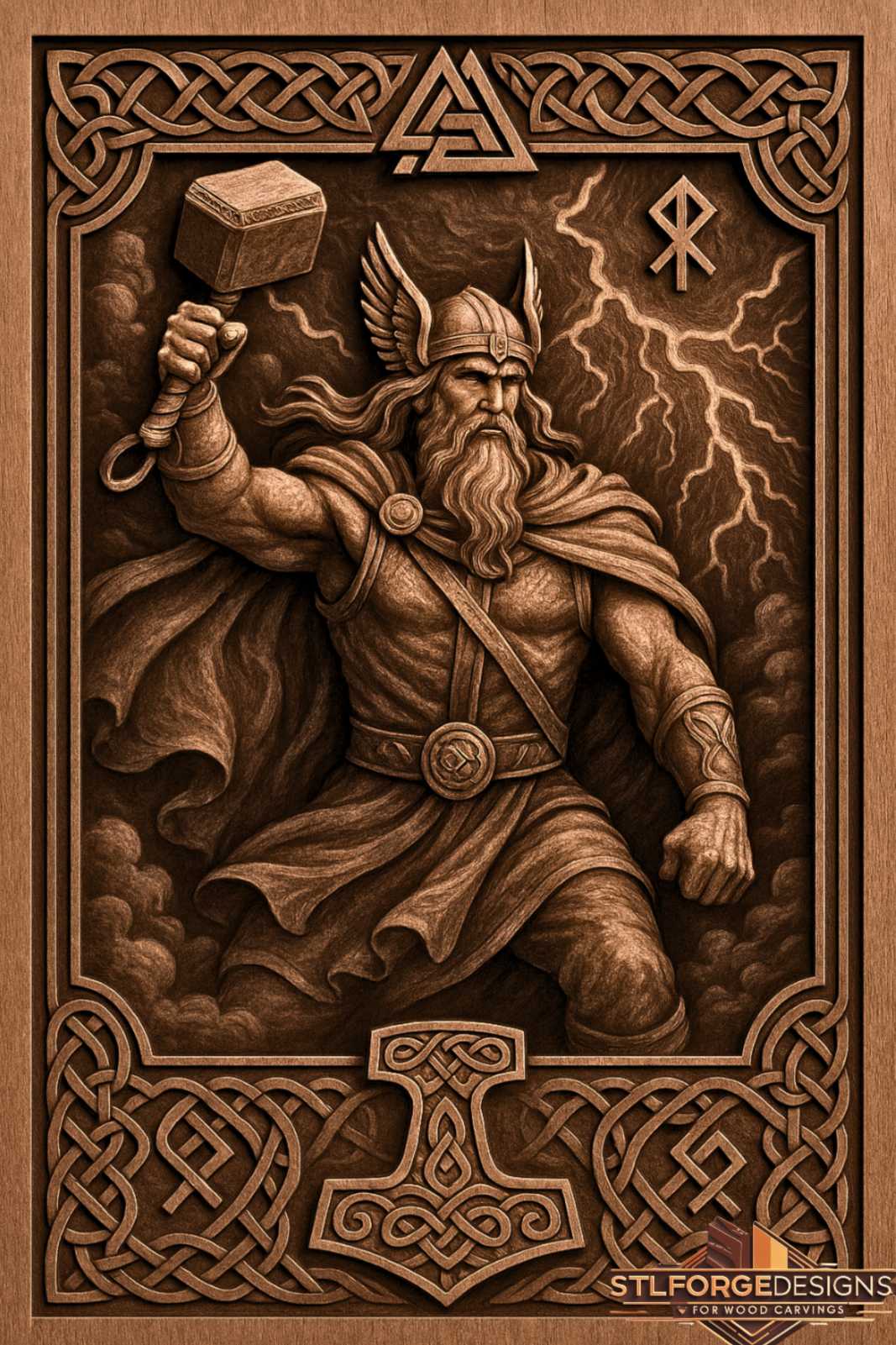 Thor valknut Mjolnir symbol STL CNC detail — close-up of Valknut in top band and decorated Mjolnir symbol with knotwork ornaments in bottom band, deep 3D relief