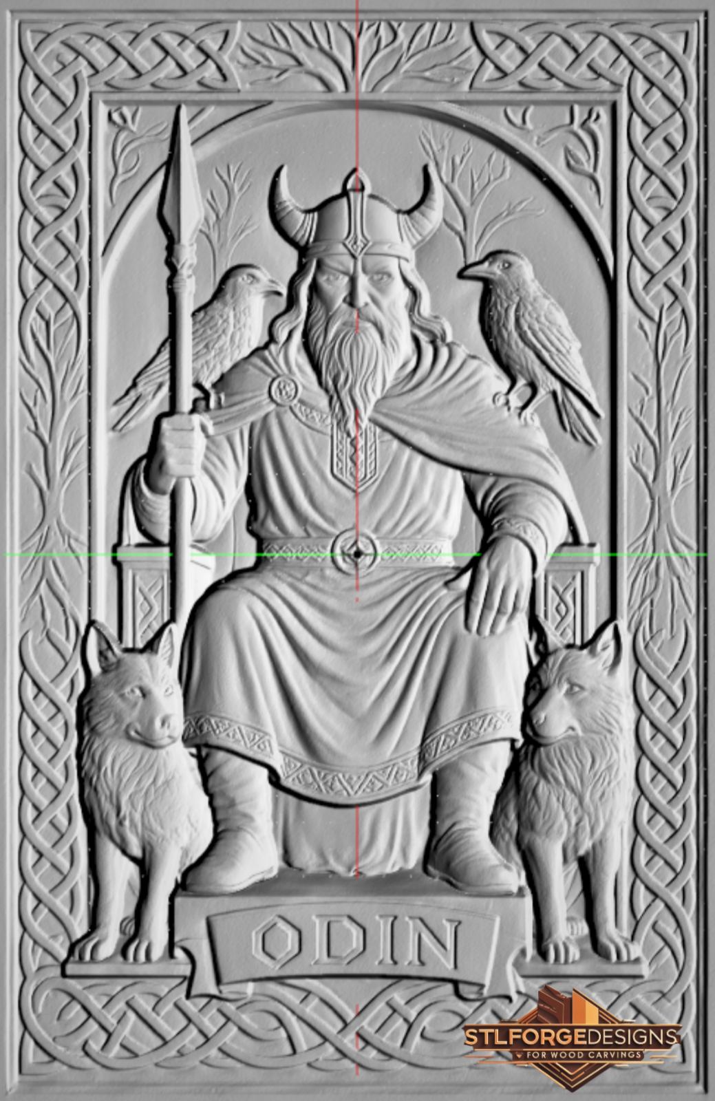 Odin throne inscription STL CNC 3D relief — Odin seated on throne with horned helmet arch two ravens two wolves Yggdrasil and ODIN banner at base, wood carving model