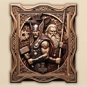 Thor Odin Norse gods STL CNC router 3D relief — dual Norse scene Thor with Mjolnir tattoos left Odin with Gungnir right raven top Mjolnir symbol below and Celtic baroque frame wood carving model