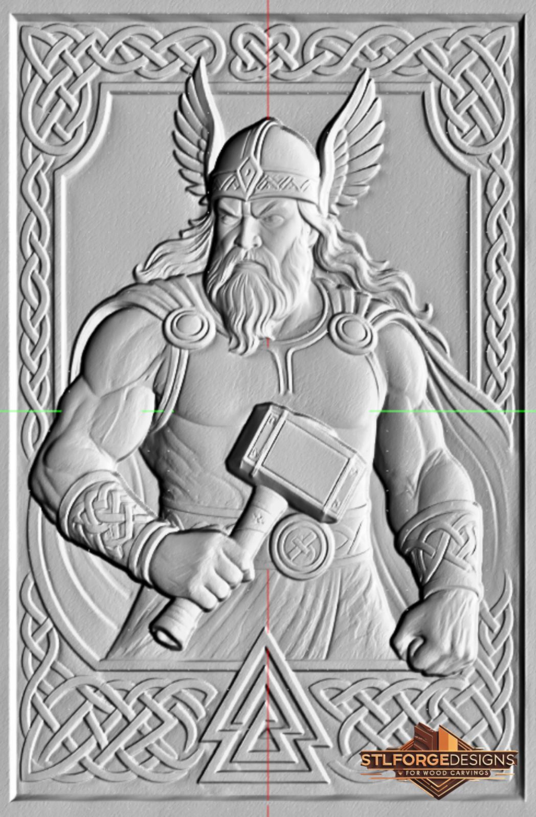 Детайл STL CNC Тор мускулест Norse митология — близък план на мускулест Тор с Мьолнир пред гърдите кожени наручи крилат шлем пронизващ поглед