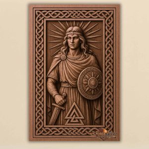 STL file Freya Norse goddess CNC wood carving — radiant rays around head Valknut below Celtic knotwork frame CNC-ready for Aspire ArtCAM Fusion 360