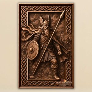 Odin warrior armor shield Gungnir STL CNC router 3D relief — Norse god Odin in full scale armor with circular shield Gungnir diagonal Viking army background and Celtic knotwork frame wood carving model