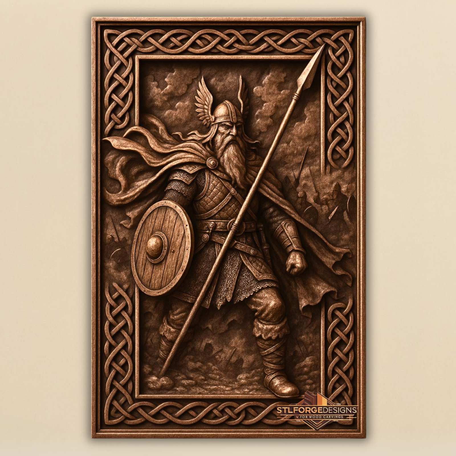 Odin warrior armor shield Gungnir STL CNC router 3D relief — Norse god Odin in full scale armor with circular shield Gungnir diagonal Viking army background and Celtic knotwork frame wood carving model