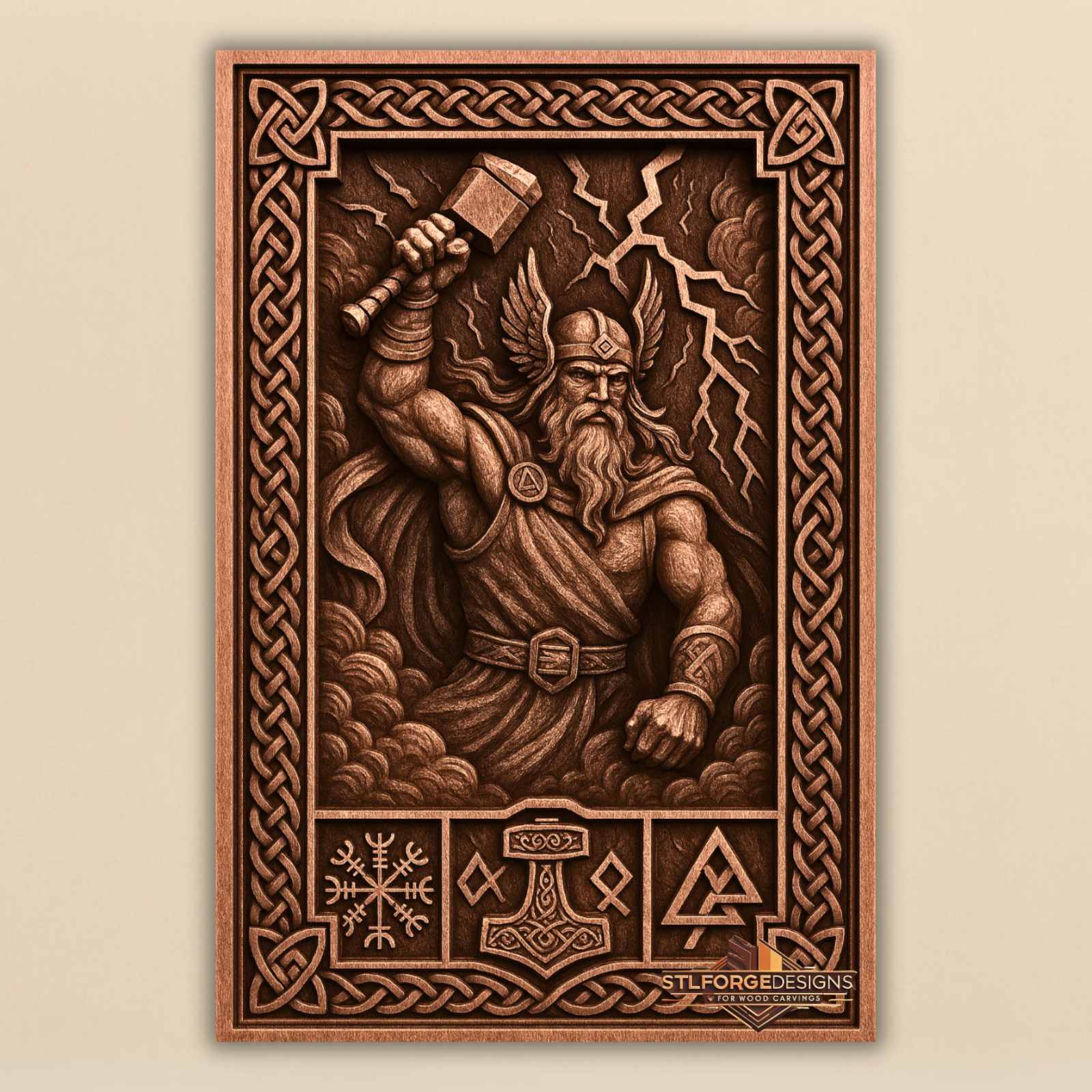 STL file Thor Norse symbols CNC wood carving — Thor attacking with lightning Celtic frame three Norse symbols below CNC-ready for Aspire ArtCAM Fusion 360