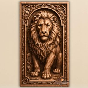 Lion STL file 3D relief CNC — majestic lion in baroque arch with acanthus ornament frame, detailed mane, wood carving model
