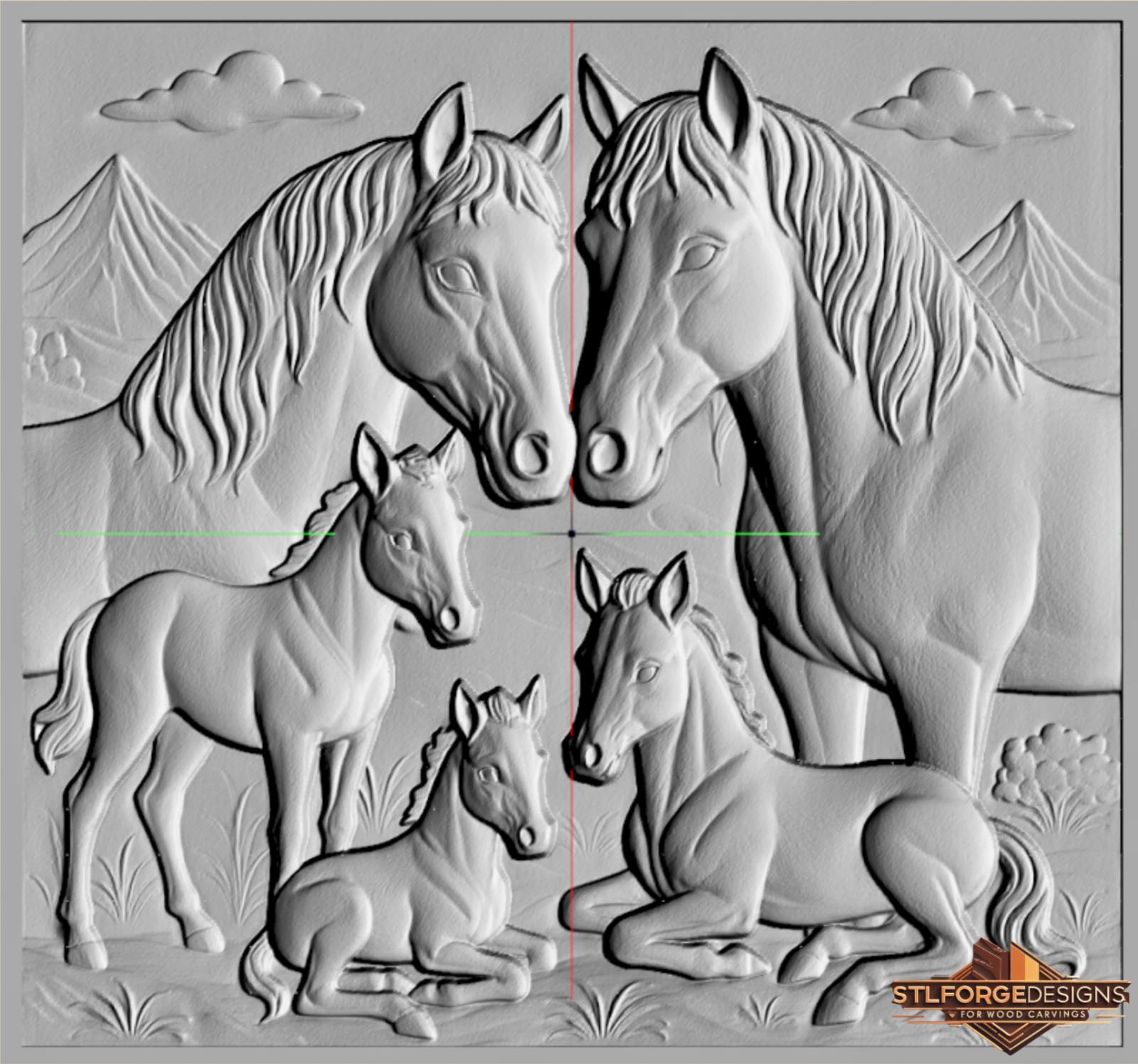 Horse family framed STL CNC 3D relief — two horses nuzzling nose to nose with three foals in mountain landscape with clouds in square frame, wood carving model