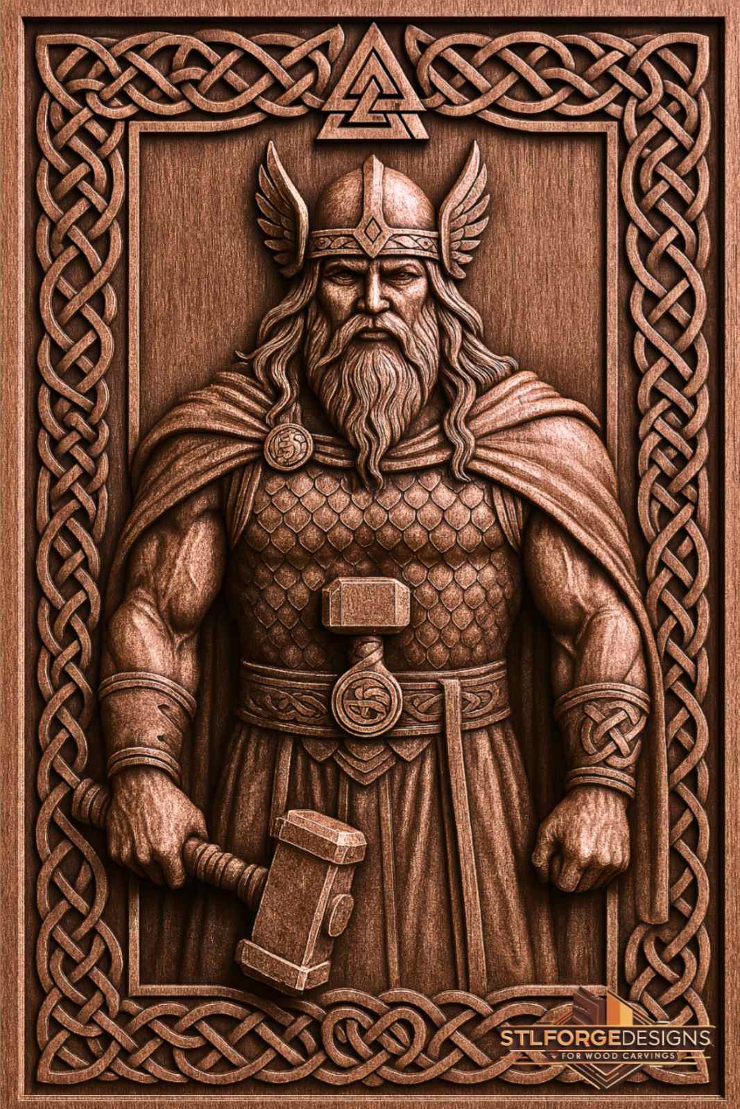 Detail STL CNC Thor Guardian Norse mythology — symmetrical frontal pose winged helmet scale armor Mjolnir in hand and valknut symbol top center