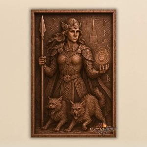 Freya warrior STL file for CNC router — Scandinavian wall panel with goddess warrior, Asgard and rune symbols