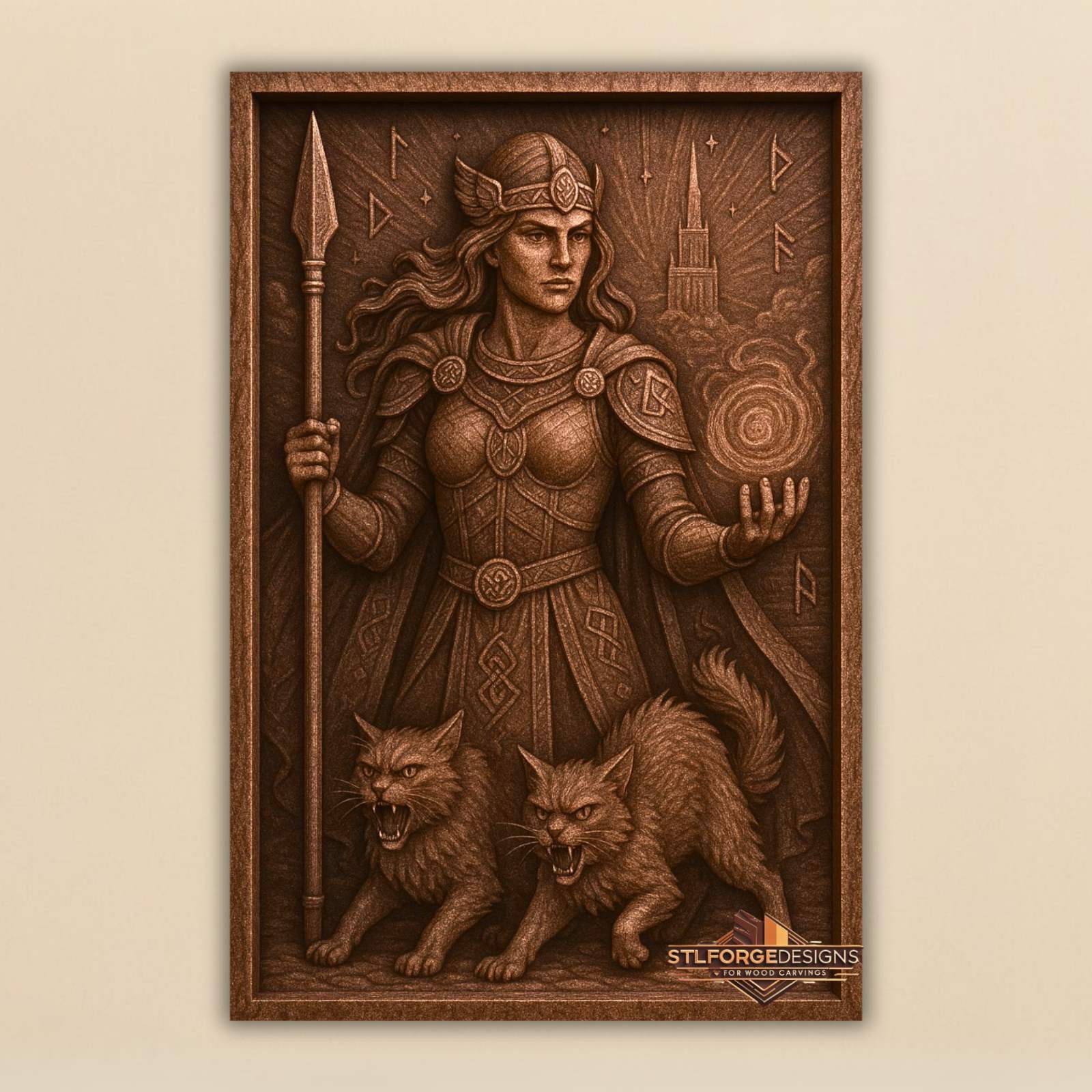 Freya warrior STL file for CNC router — Scandinavian wall panel with goddess warrior, Asgard and rune symbols