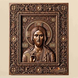 Jesus Christ Pantocrator icon STL CNC 3D relief — Orthodox icon Jesus Christ with cross halo blessing gesture Gospel inscriptions IC XC and rich floral frame with angels, wood carving model