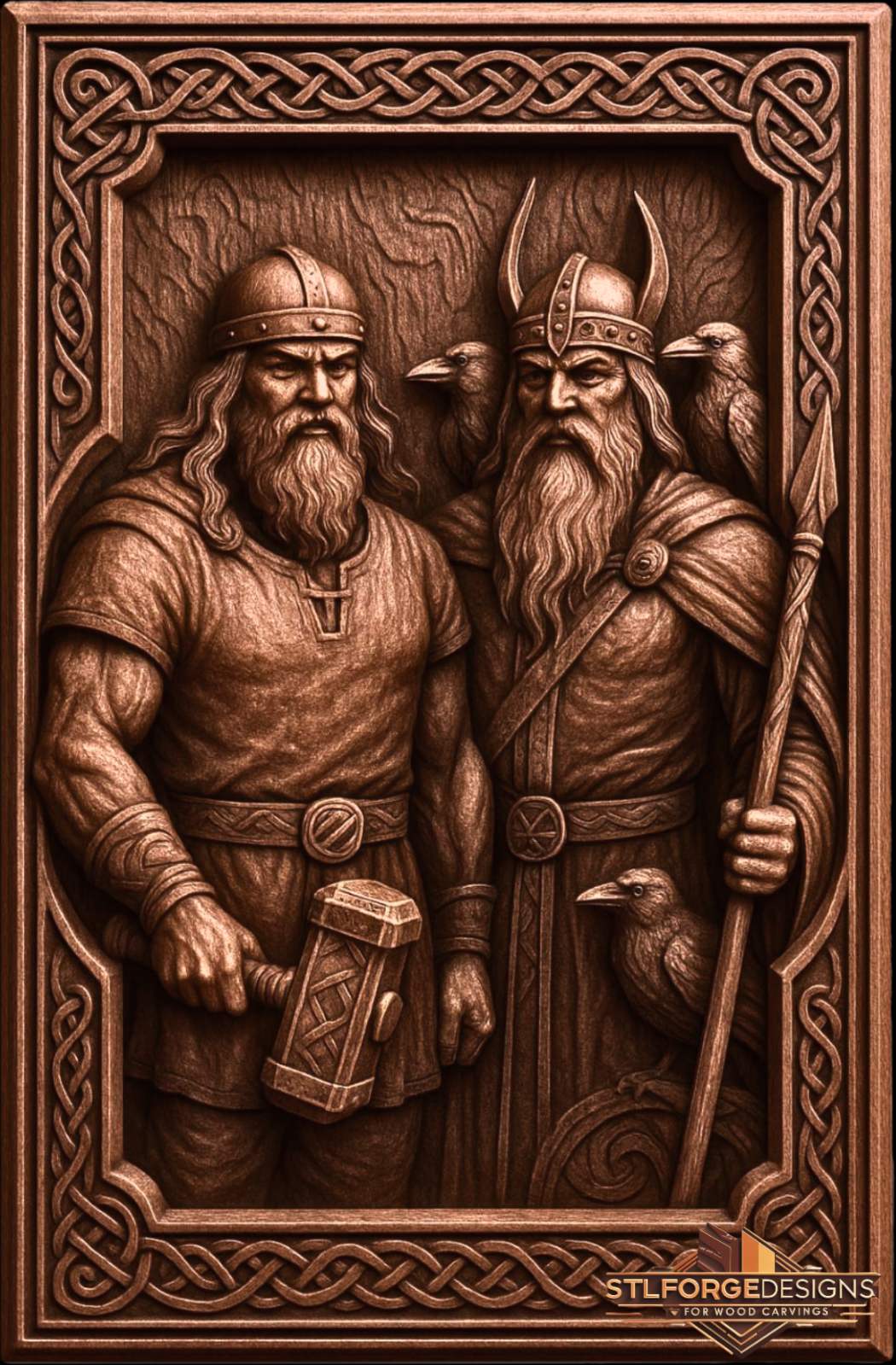 Thor Odin CNC model detail — wood relief with Mjolnir, spear Gungnir and three ravens, high resolution STL