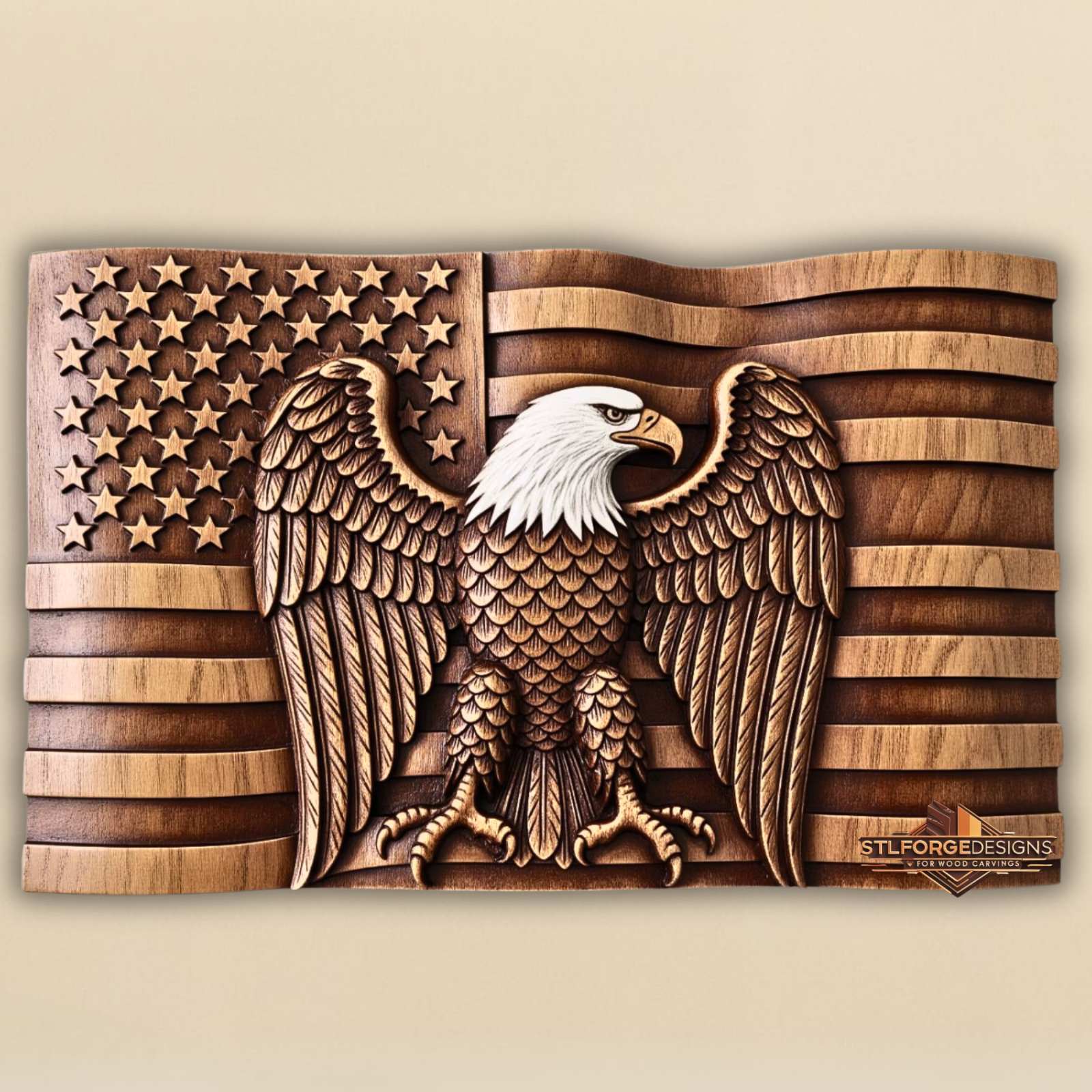 Bald eagle wavy flag STL CNC 3D relief — perched bald eagle with white head and spread wings over wavy American flag with stars and stripes, two-tone effect, wood carving model