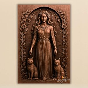 Freya arch STL CNC 3D relief — Norse goddess with flower crown, two cats and floral vines in stone arch, wood carving model