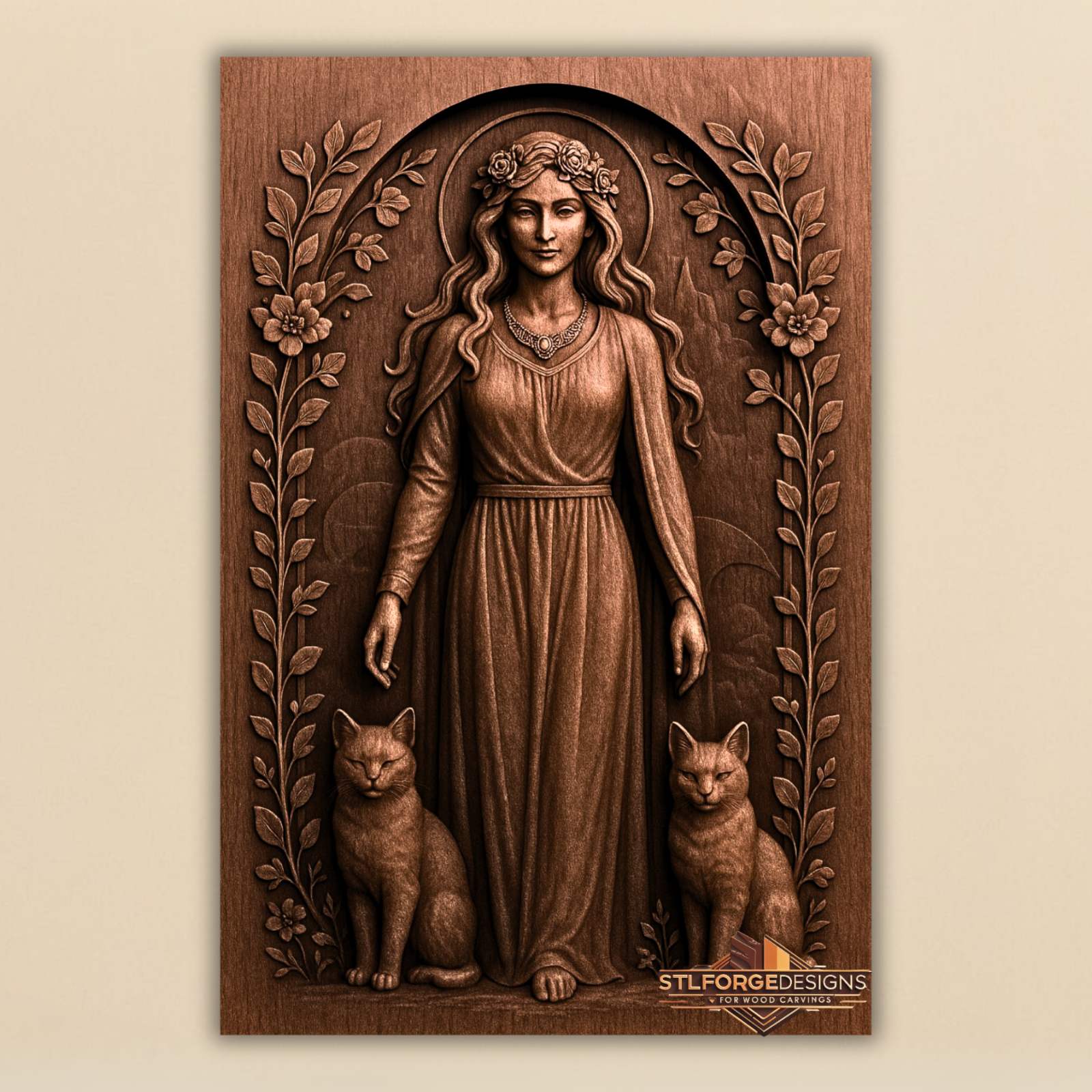 Freya arch STL CNC 3D relief — Norse goddess with flower crown, two cats and floral vines in stone arch, wood carving model