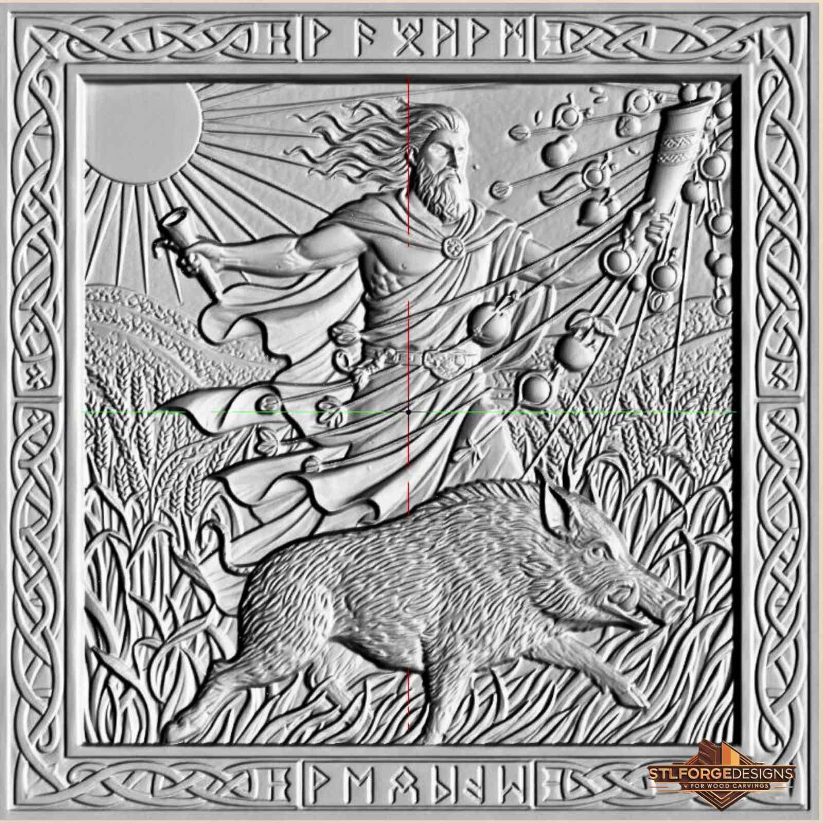 Freyr STL file for CNC router — Scandinavian wall panel with god of harvest in flight and rune frame