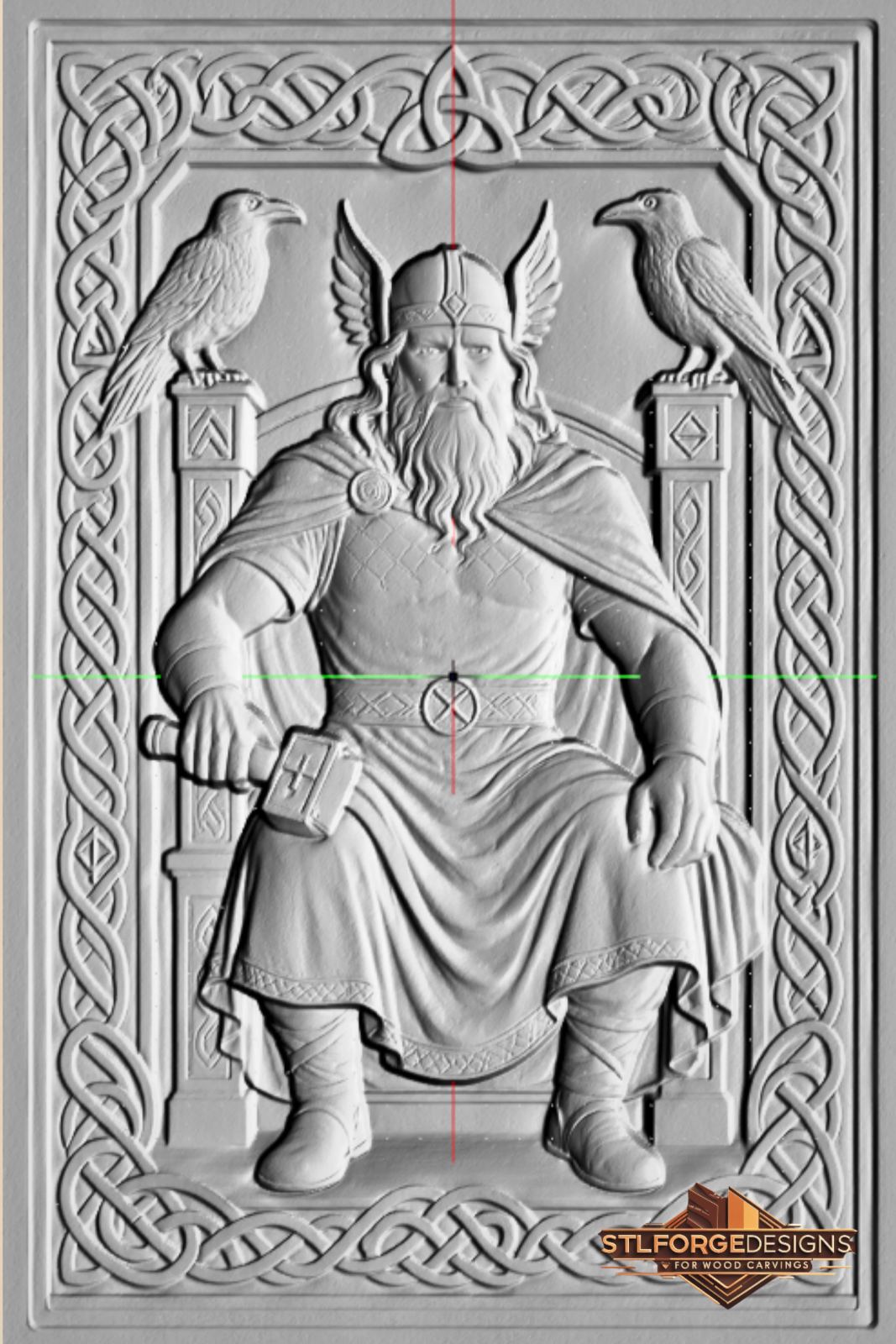 Thor throne ravens STL CNC detail — close-up of raven on throne column with detailed feathers and Thor's decorated belt with cross medallion, deep 3D relief