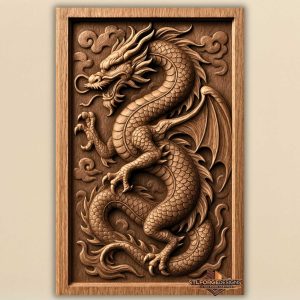 Chinese dragon STL file 3D relief CNC — Asian dragon with detailed scales claws and clouds in dynamic S-pose, wood carving model