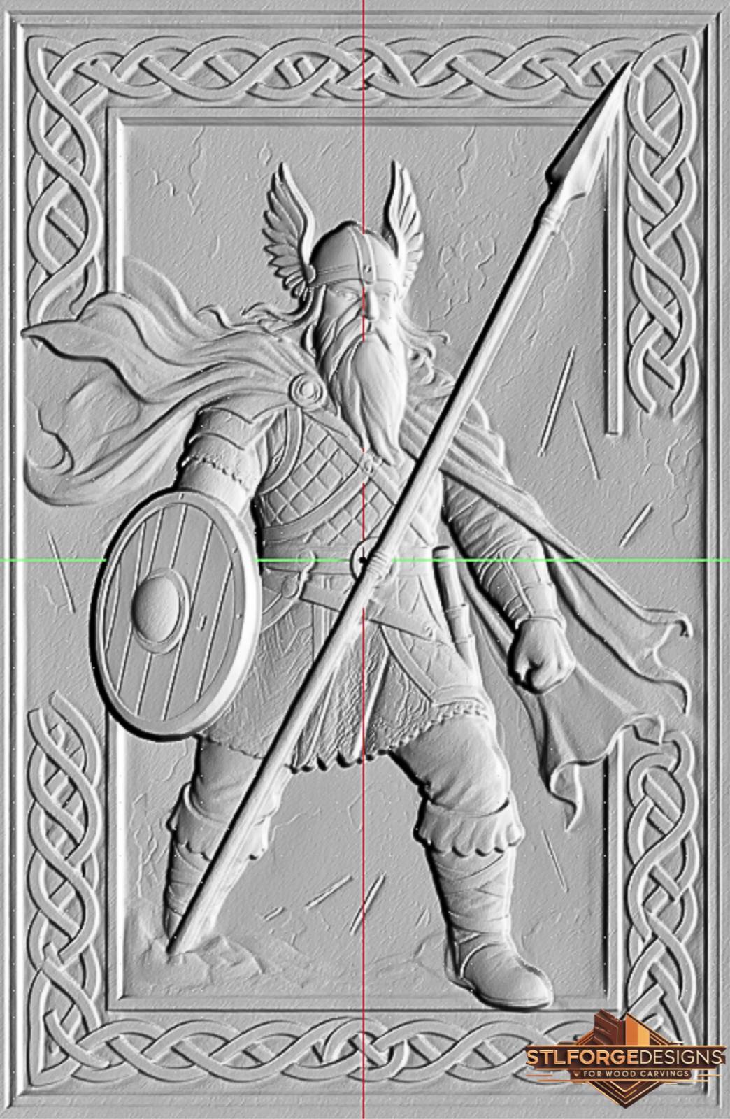 Detail STL CNC Odin warrior Norse — full scale armor circular wooden shield Gungnir diagonal winged helmet billowing cloak and Viking army behind
