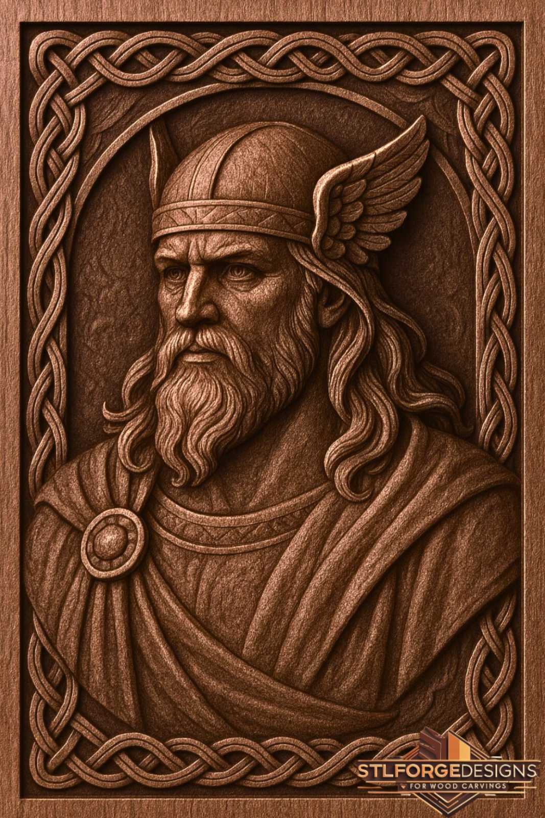 Odin CNC model detail — wood bust relief with winged helmet, beard and Celtic knotwork border, high resolution STL