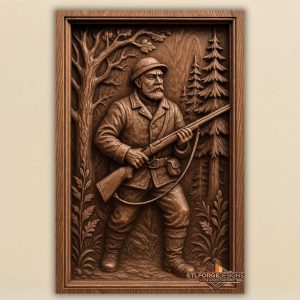 Hunter walking forest STL CNC wall panel — finished wood carving of hunter walking rifle ready mixed forest vertical format frame, beech wood